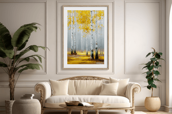 Framed wall art of golden aspen trees in a soft autumn forest. Minimalist and calming. Ready to hang.
