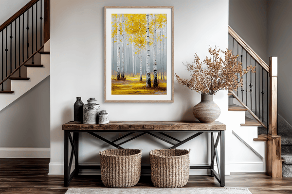 Framed wall art of golden aspen trees in a soft autumn forest. Minimalist and calming. Ready to hang.