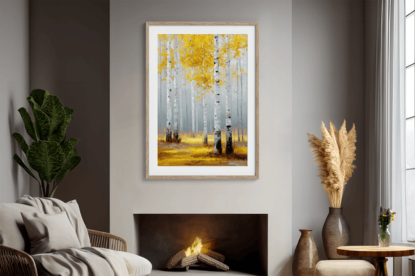 Framed wall art of golden aspen trees in a soft autumn forest. Minimalist and calming. Ready to hang.