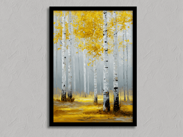 Framed wall art of golden aspen trees in a soft autumn forest. Minimalist and calming. Ready to hang.