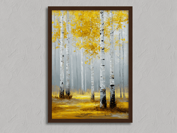 Framed wall art of golden aspen trees in a soft autumn forest. Minimalist and calming. Ready to hang.