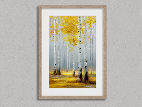 Framed wall art of golden aspen trees in a soft autumn forest. Minimalist and calming. Ready to hang.