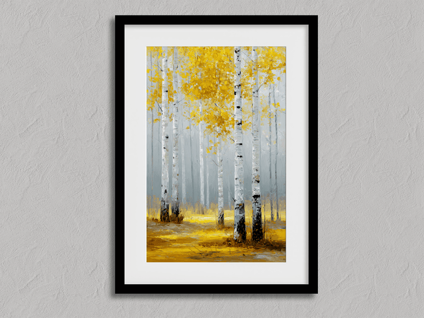 Framed wall art of golden aspen trees in a soft autumn forest. Minimalist and calming. Ready to hang.