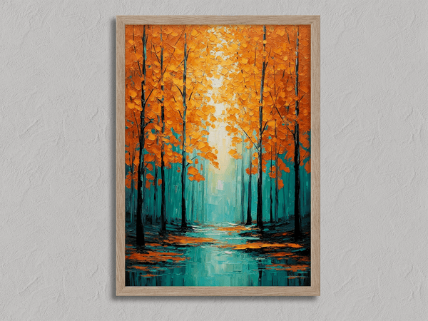 Framed wall art with falling golden leaves and soft minimal tones. A calm, seasonal piece ready to hang.