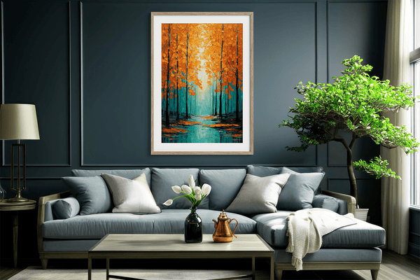 Framed wall art with falling golden leaves and soft minimal tones. A calm, seasonal piece ready to hang.