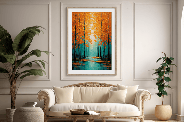 Framed wall art with falling golden leaves and soft minimal tones. A calm, seasonal piece ready to hang.