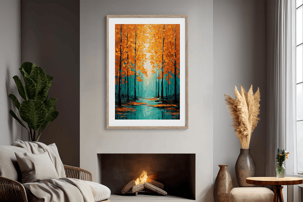 Framed wall art with falling golden leaves and soft minimal tones. A calm, seasonal piece ready to hang.