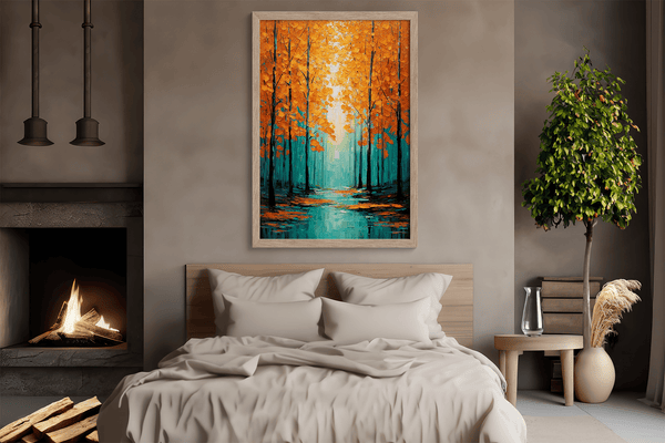 Framed wall art with falling golden leaves and soft minimal tones. A calm, seasonal piece ready to hang.