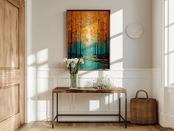 Framed wall art with falling golden leaves and soft minimal tones. A calm, seasonal piece ready to hang.