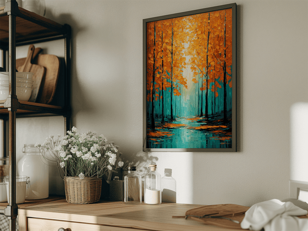 Framed wall art with falling golden leaves and soft minimal tones. A calm, seasonal piece ready to hang.