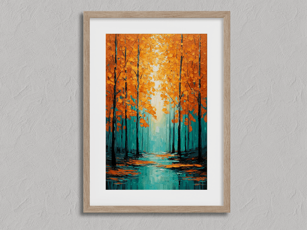 Framed wall art with falling golden leaves and soft minimal tones. A calm, seasonal piece ready to hang.