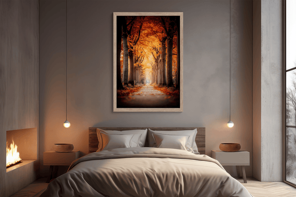 Framed wall art of a tree-lined autumn path beneath golden leaves. A nostalgic woodland print in warm light. Ready to hang.