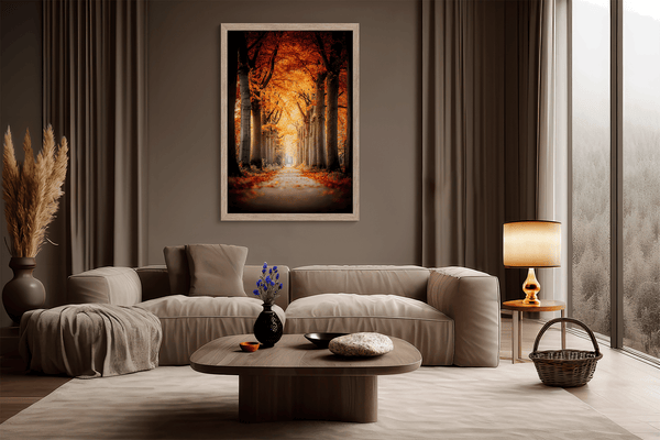 Framed wall art of a tree-lined autumn path beneath golden leaves. A nostalgic woodland print in warm light. Ready to hang.