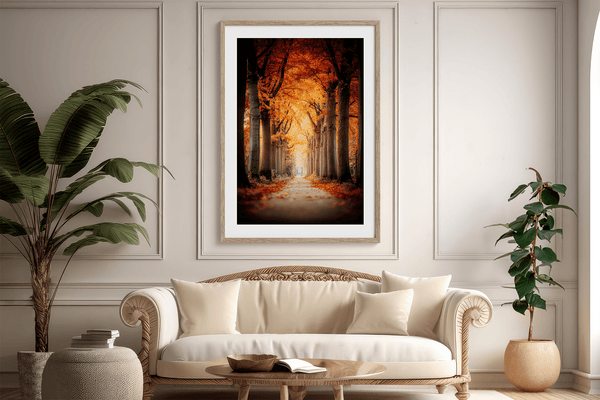 Framed wall art of a tree-lined autumn path beneath golden leaves. A nostalgic woodland print in warm light. Ready to hang.