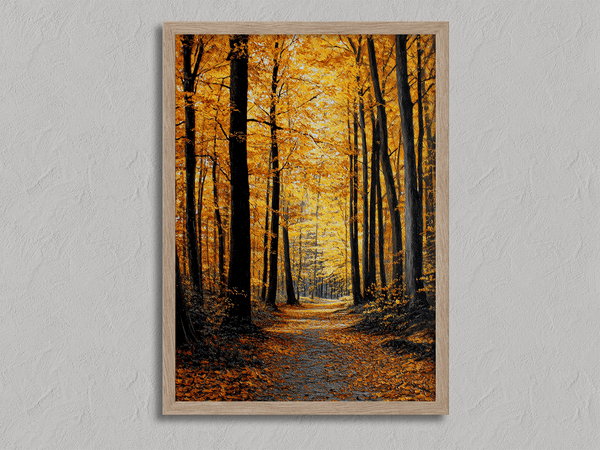 Framed wall art of a golden autumn forest path bathed in amber light. A tranquil seasonal woodland print. Ready to hang.