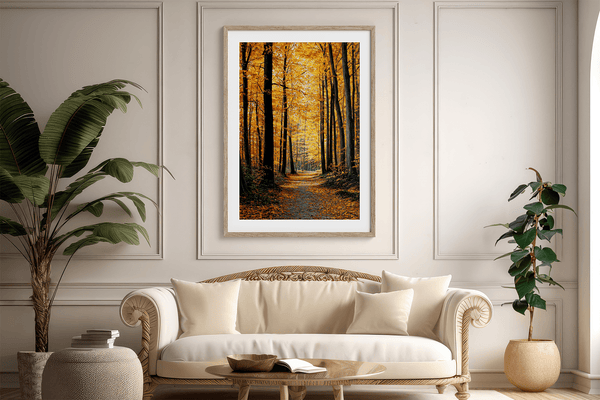 Framed wall art of a golden autumn forest path bathed in amber light. A tranquil seasonal woodland print. Ready to hang.