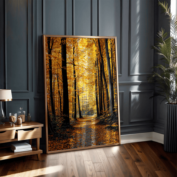 Framed wall art of a golden autumn forest path bathed in amber light. A tranquil seasonal woodland print. Ready to hang.