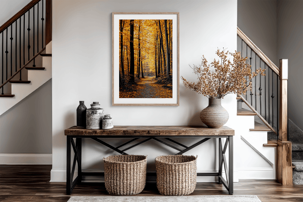Framed wall art of a golden autumn forest path bathed in amber light. A tranquil seasonal woodland print. Ready to hang.