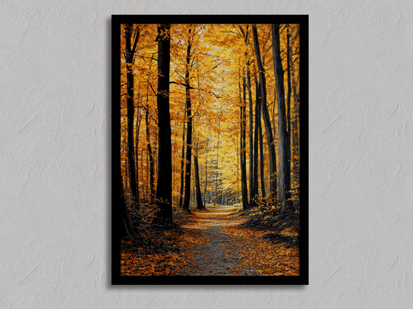 Framed wall art of a golden autumn forest path bathed in amber light. A tranquil seasonal woodland print. Ready to hang.