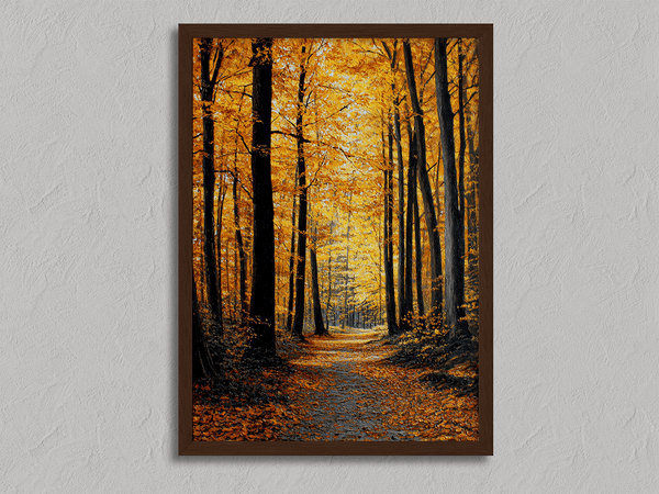 Framed wall art of a golden autumn forest path bathed in amber light. A tranquil seasonal woodland print. Ready to hang.