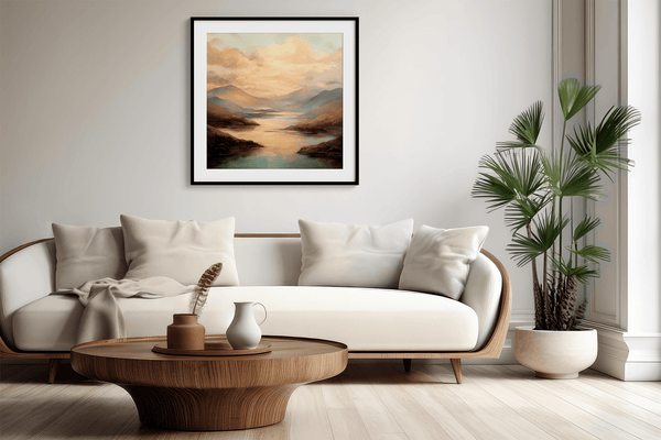 Framed wall art of a golden lake and hills at dusk. A tranquil painterly landscape print that brings warmth and peace. Ready to hang.