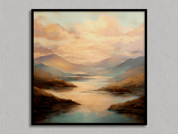 Framed wall art of a golden lake and hills at dusk. A tranquil painterly landscape print that brings warmth and peace. Ready to hang.