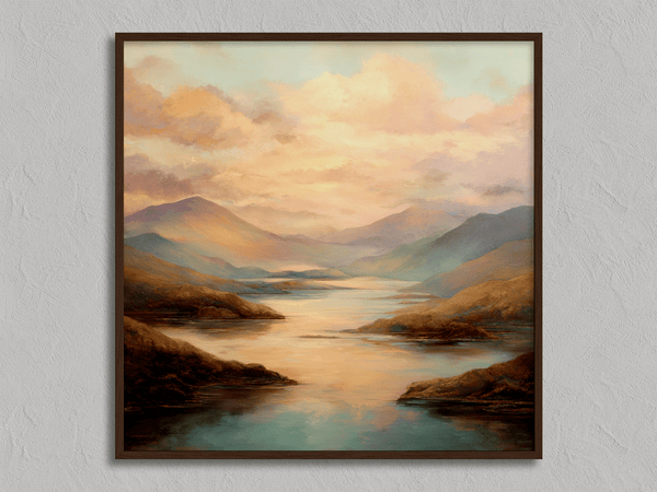 Framed wall art of a golden lake and hills at dusk. A tranquil painterly landscape print that brings warmth and peace. Ready to hang.