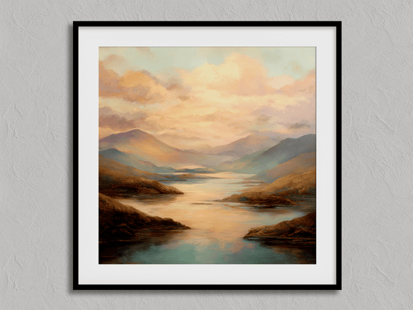 Framed wall art of a golden lake and hills at dusk. A tranquil painterly landscape print that brings warmth and peace. Ready to hang.