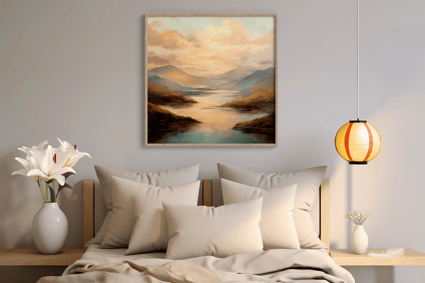 Framed wall art of a golden lake and hills at dusk. A tranquil painterly landscape print that brings warmth and peace. Ready to hang.