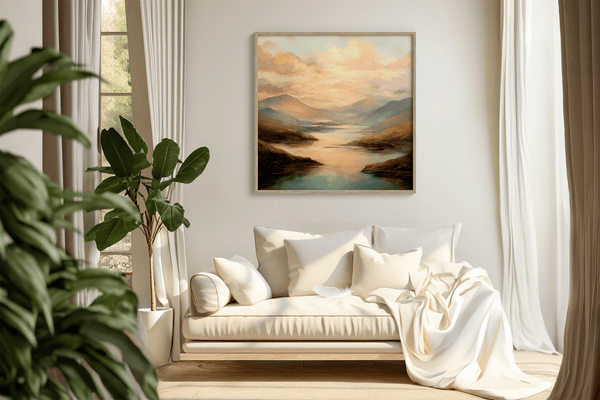Framed wall art of a golden lake and hills at dusk. A tranquil painterly landscape print that brings warmth and peace. Ready to hang.