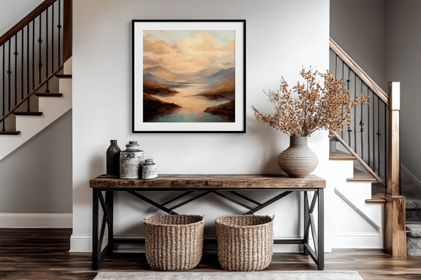 Framed wall art of a golden lake and hills at dusk. A tranquil painterly landscape print that brings warmth and peace. Ready to hang.