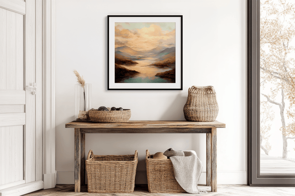 Framed wall art of a golden lake and hills at dusk. A tranquil painterly landscape print that brings warmth and peace. Ready to hang.