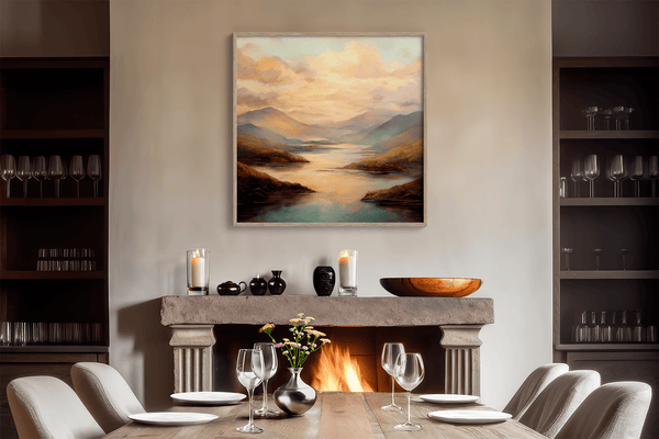 Framed wall art of a golden lake and hills at dusk. A tranquil painterly landscape print that brings warmth and peace. Ready to hang.