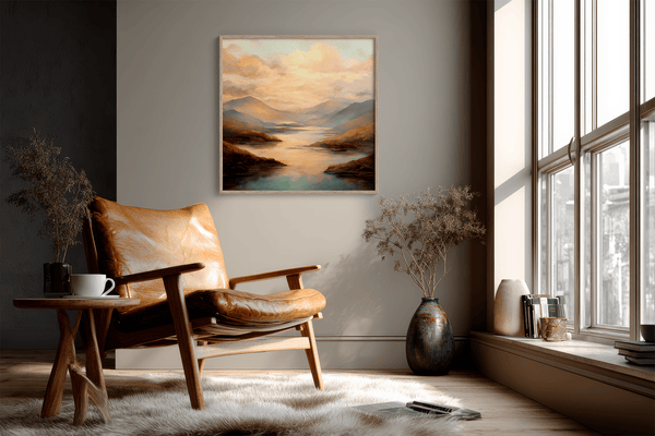 Framed wall art of a golden lake and hills at dusk. A tranquil painterly landscape print that brings warmth and peace. Ready to hang.