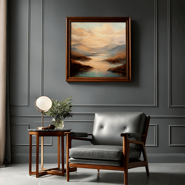 Framed wall art of a golden lake and hills at dusk. A tranquil painterly landscape print that brings warmth and peace. Ready to hang.