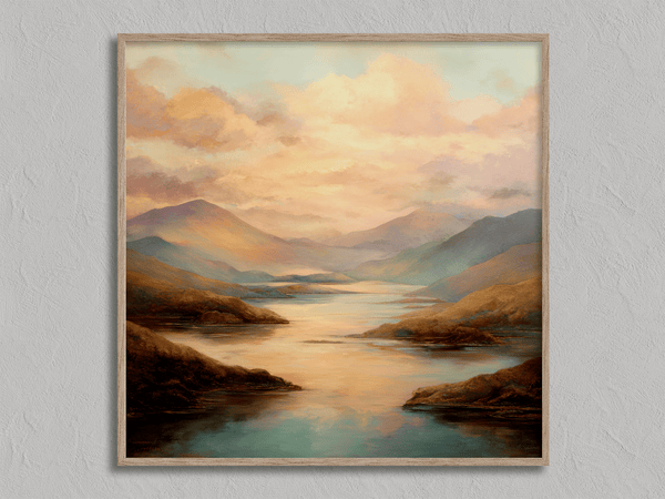 Framed wall art of a golden lake and hills at dusk. A tranquil painterly landscape print that brings warmth and peace. Ready to hang.