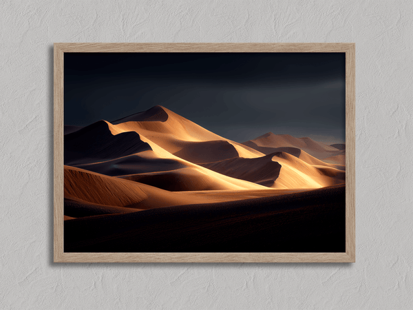 Framed desert wall art of glowing dunes at sunset. A fine art print capturing solitude, contrast, and the quiet beauty of golden light.
