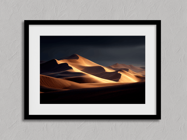 Framed desert wall art of glowing dunes at sunset. A fine art print capturing solitude, contrast, and the quiet beauty of golden light.