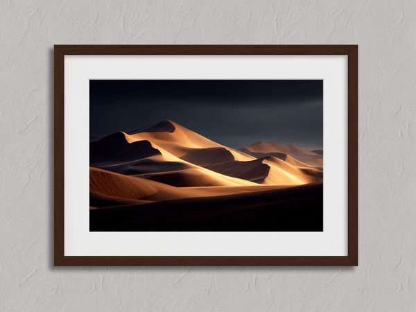Framed desert wall art of glowing dunes at sunset. A fine art print capturing solitude, contrast, and the quiet beauty of golden light.