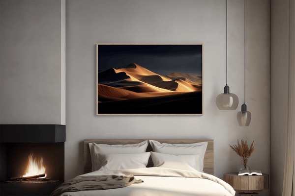 Framed desert wall art of glowing dunes at sunset. A fine art print capturing solitude, contrast, and the quiet beauty of golden light.