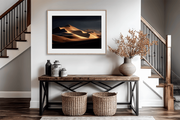 Framed desert wall art of glowing dunes at sunset. A fine art print capturing solitude, contrast, and the quiet beauty of golden light.