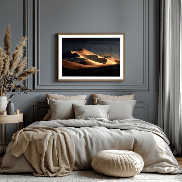 Framed desert wall art of glowing dunes at sunset. A fine art print capturing solitude, contrast, and the quiet beauty of golden light.