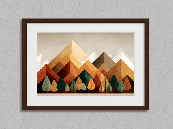 Framed wall art of geometric hills and summer tones. Bold and warm, this print brings energy and rhythm. Ready to hang.