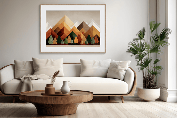 Framed wall art of geometric hills and summer tones. Bold and warm, this print brings energy and rhythm. Ready to hang.