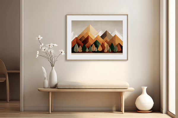 Framed wall art of geometric hills and summer tones. Bold and warm, this print brings energy and rhythm. Ready to hang.