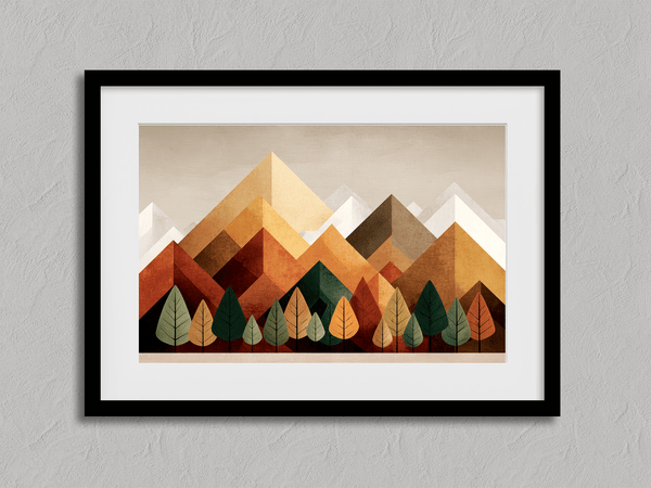 Framed wall art of geometric hills and summer tones. Bold and warm, this print brings energy and rhythm. Ready to hang.