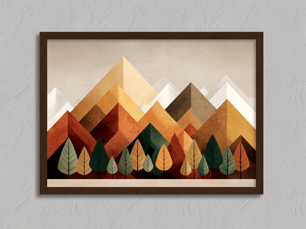 Framed wall art of geometric hills and summer tones. Bold and warm, this print brings energy and rhythm. Ready to hang.