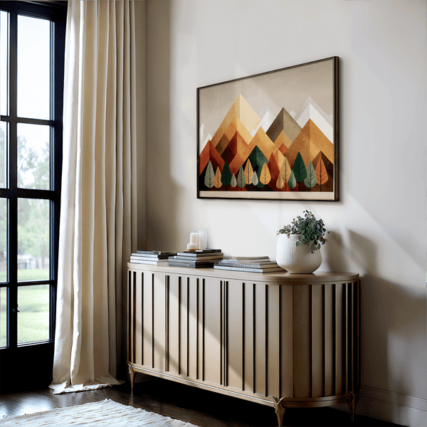 Framed wall art of geometric hills and summer tones. Bold and warm, this print brings energy and rhythm. Ready to hang.