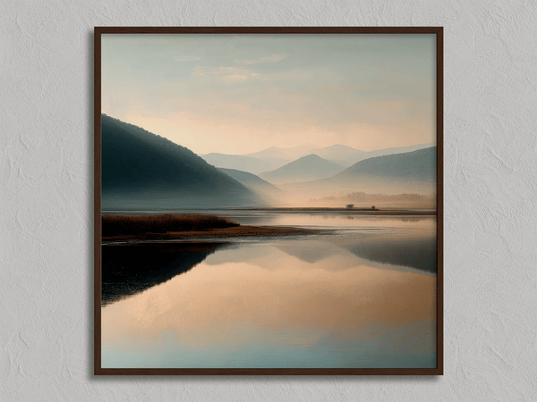 Framed wall art of a misty morning river winding through soft-hued mountains. A tranquil landscape print. Ready to hang.