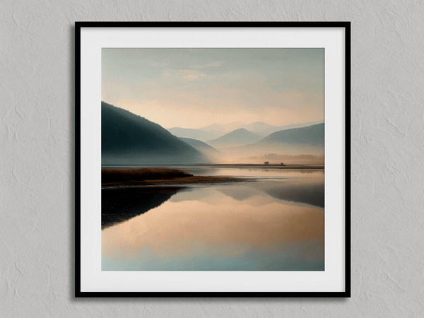 Framed wall art of a misty morning river winding through soft-hued mountains. A tranquil landscape print. Ready to hang.